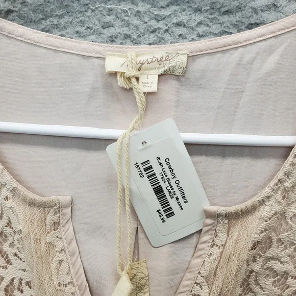 Mystree Blouse Tops Womens L Tan‎ Lined Blush Lace Cowboy Outfitters Sleeveless - Picture 5 of 8